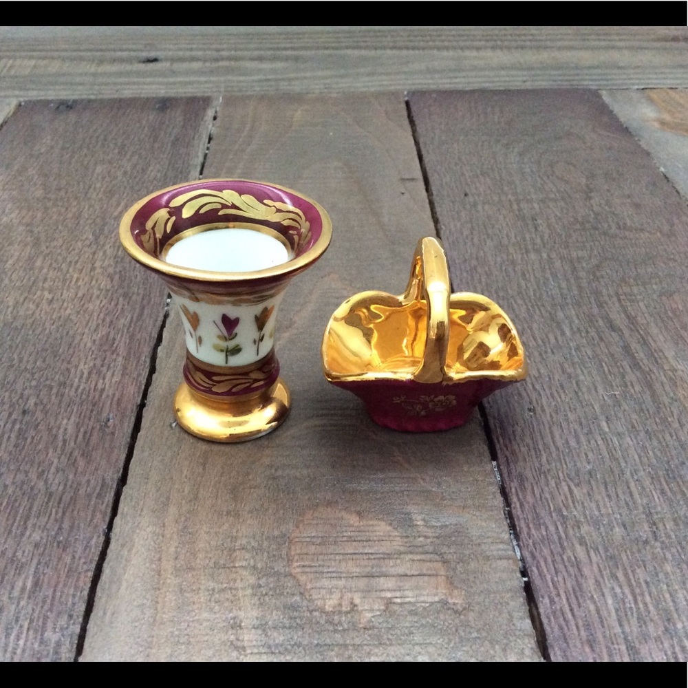 Limoges, Set of 2, Vase & Basket, Gold Foil